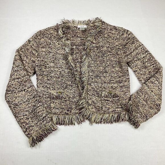Cache Tweed Cropped Fringe Jacket Metallic Bouclé Blazer Small Y2K Parisian Chic - Picture 1 of 9